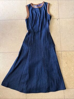 Ralph Lauren Purple Label Navy Denim Maxi Dress with Brown Trim
